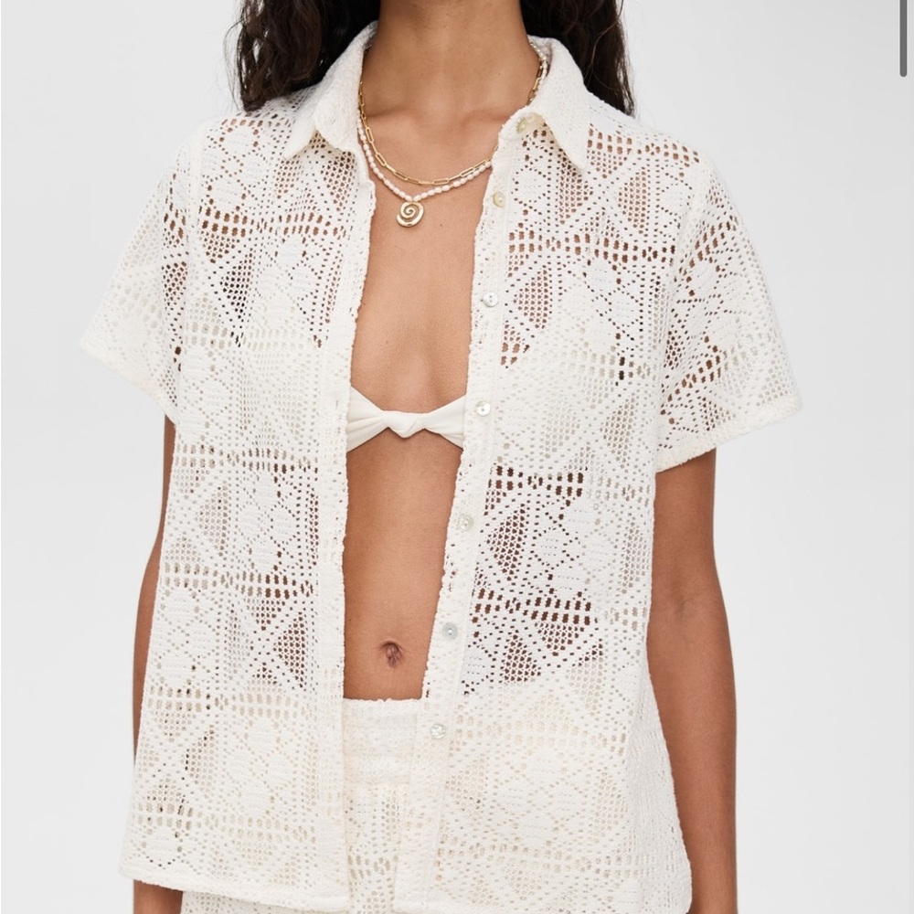 White Crochet Button-Up Shirt & Matching Pants